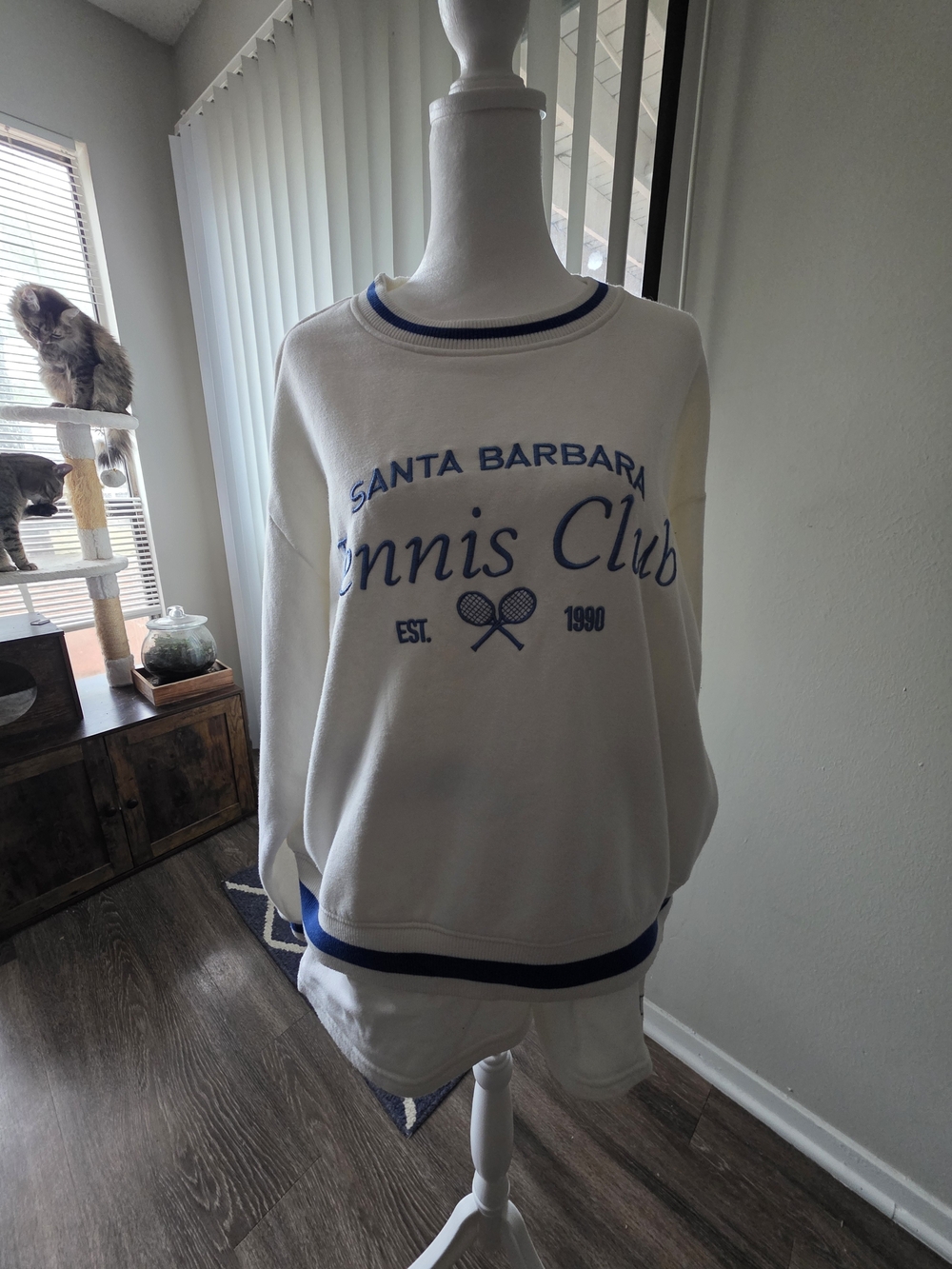 Santa Barbara Tennis Club Crewneck Sweatshirt - White with Blue Trim